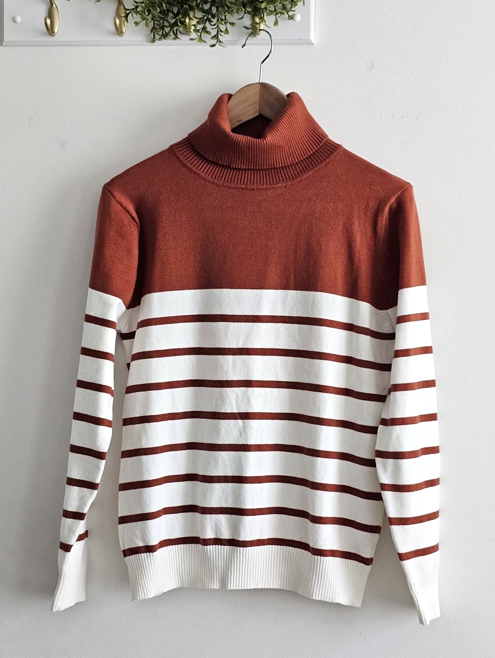 Kirundo Striped Turtleneck Sweater Rust Ivory Long Sleeve Knit Top S